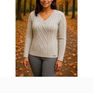 Jones New York Beige V-Neck Cable Knit Sweater